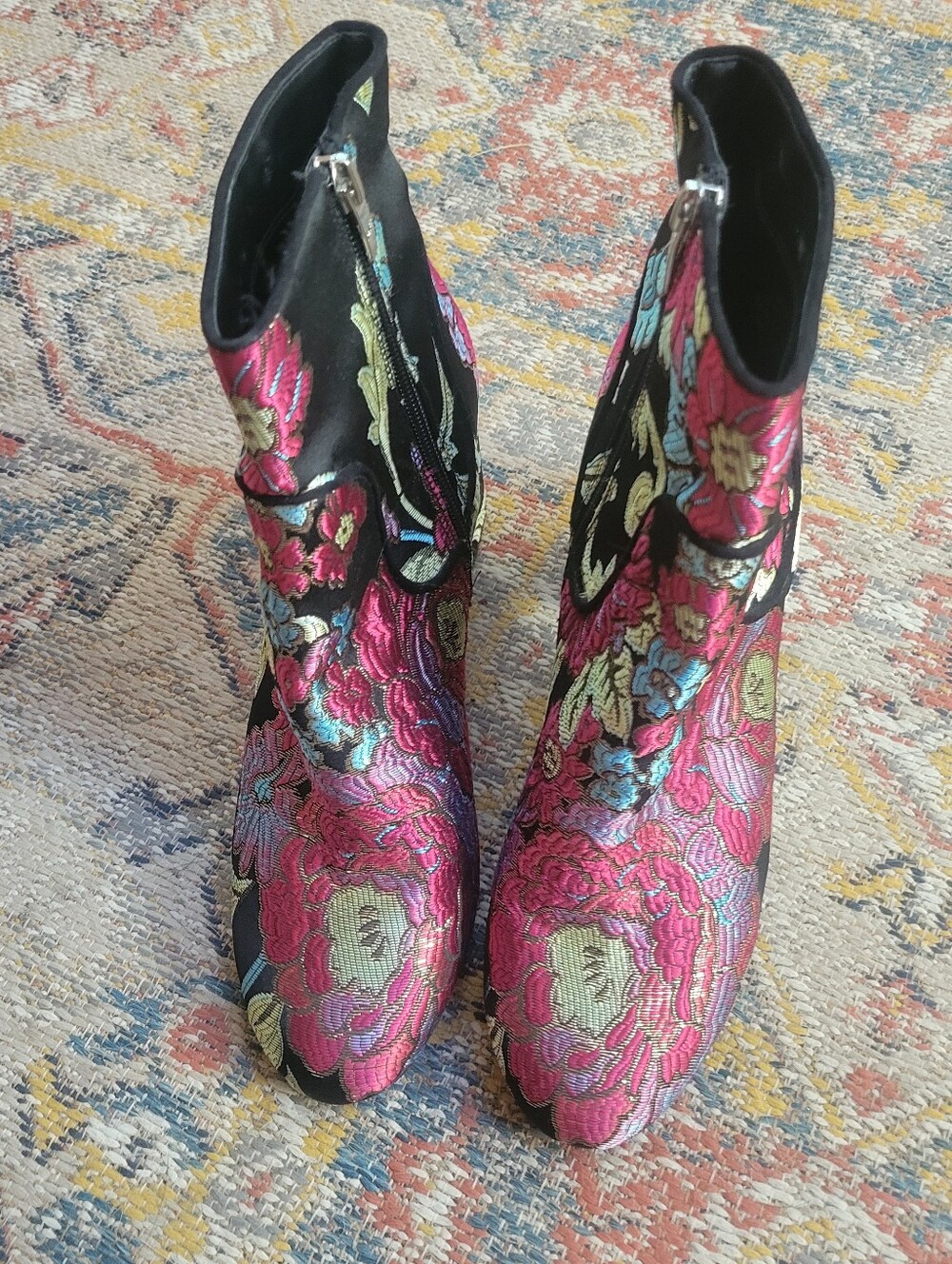 Marc Fisher Black Floral Print Heeled Booties